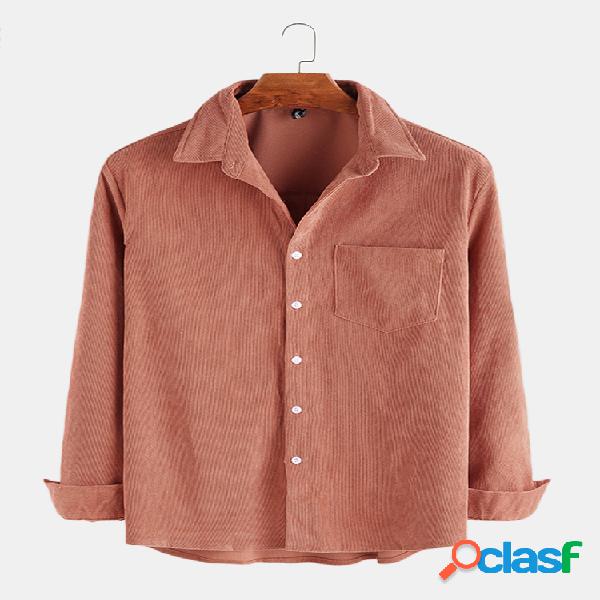 Camisas masculinas simples de veludo cotelê de manga longa