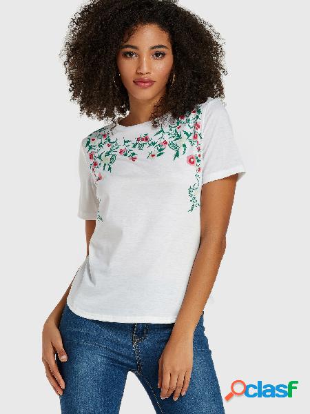 Camiseta branca de mangas curtas com estampa floral Folha em