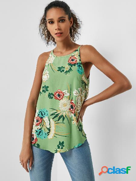 Camiseta de alças de verão com estampa floral floral verde