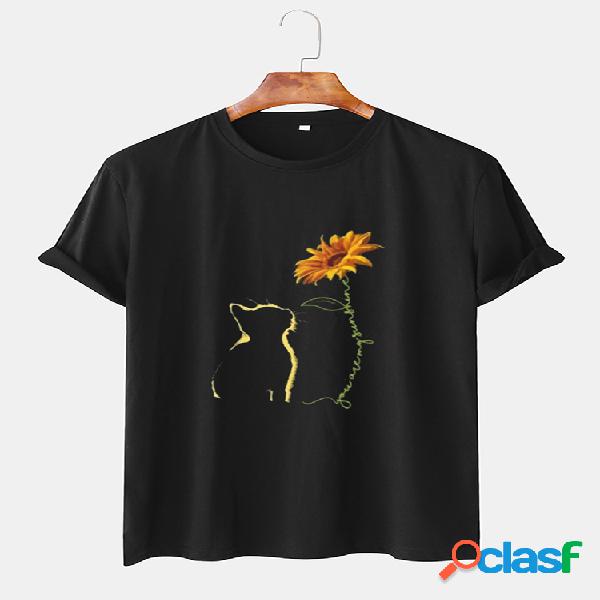 Camiseta de algodão masculina estampada com gola redonda e