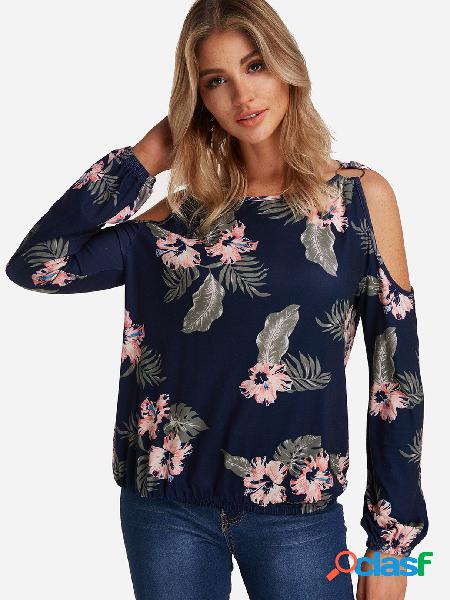 Camiseta de mangas compridas de ombro frio estampado floral