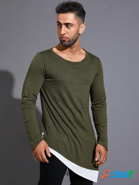 Camiseta masculina casual patchwork cor sólida com bainha