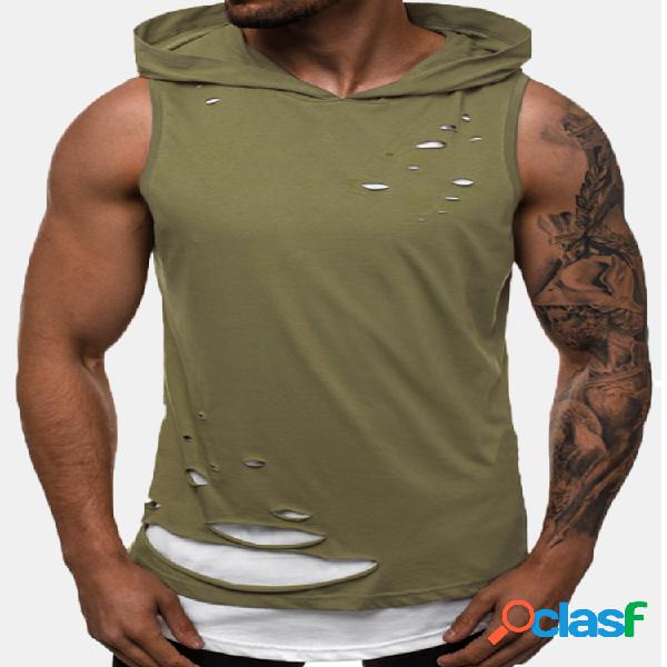 Camiseta masculina com furos rasgados de duas peças e capuz