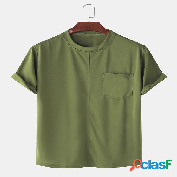 Camiseta masculina cor sólida com bolso de lazer para casa