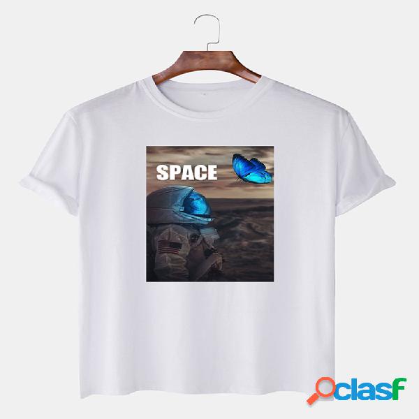 Camiseta masculina de algodão espacial astronauta borboleta