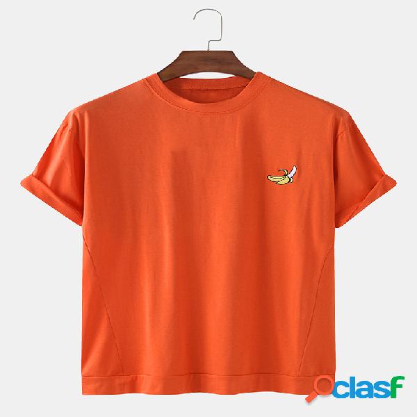 Camiseta masculina de cor sólida cartoon Fruit bordado leve