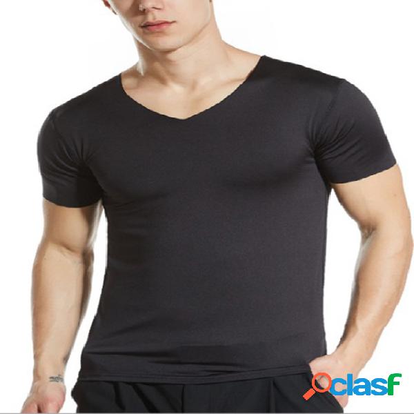 Camiseta masculina esportiva anti-suor com decote em V