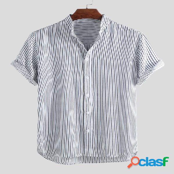 Camiseta masculina listrada respirável com gola curta manga
