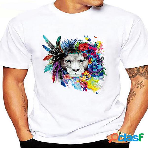Camiseta masculina verão casual Colorful Lion Feathers