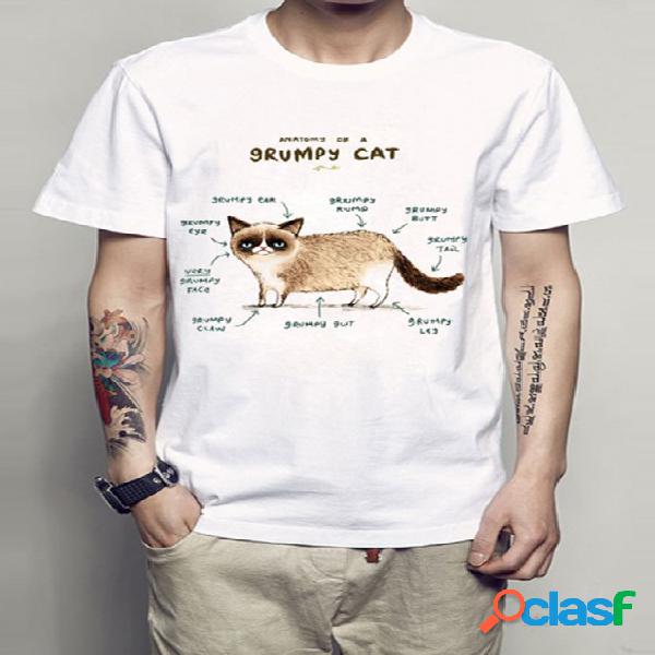 Camiseta masculina verão casual Pug Cat Animal Graphic