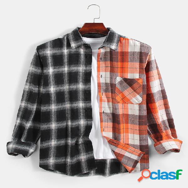 Camiseta masculina xadrez patchwork de algodão casual de