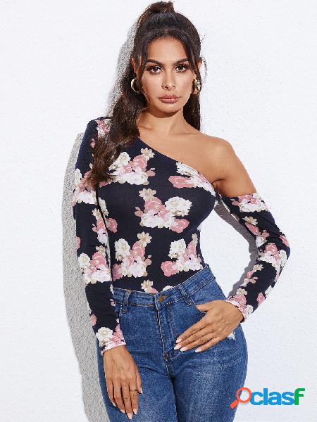 Camiseta preta floral One de mangas compridas de ombro