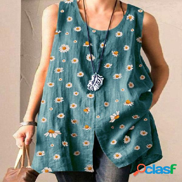 Camiseta regata Daisy Print Split sem mangas tamanho Plus