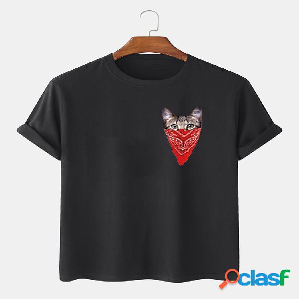 Camisetas básicas de manga curta estampada com gato