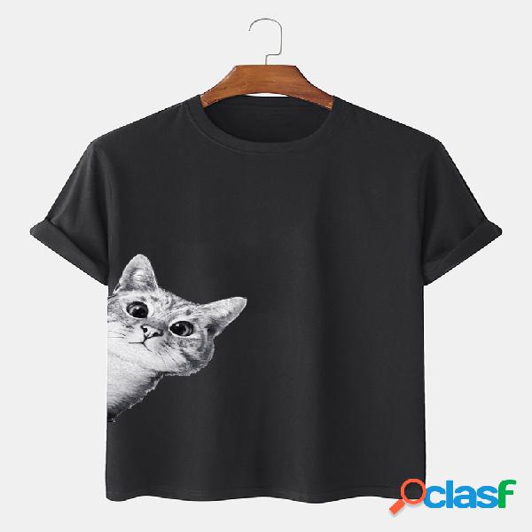 Camisetas masculinas 100% algodão gato impressas em volta