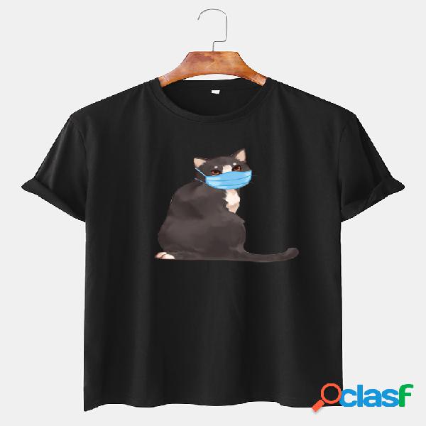 Camisetas masculinas com estampa de gato de manga curta em