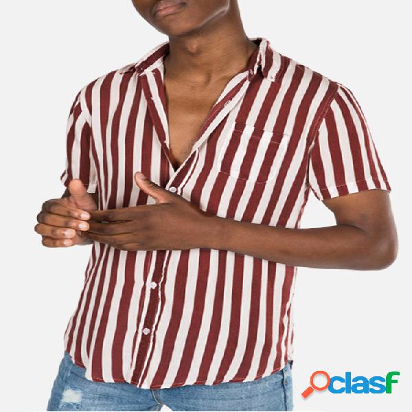 Camisetas masculinas listradas com gola virada para baixo de