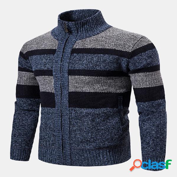 Cardigans de malha de lã masculina vintage listrada com