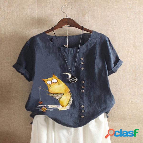 Cartoon Cute Print Button Plus Camiseta tamanho