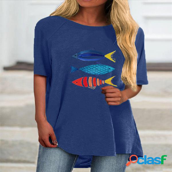 Cartoon Fish Print manga curta Plus T-shirt casual tamanho