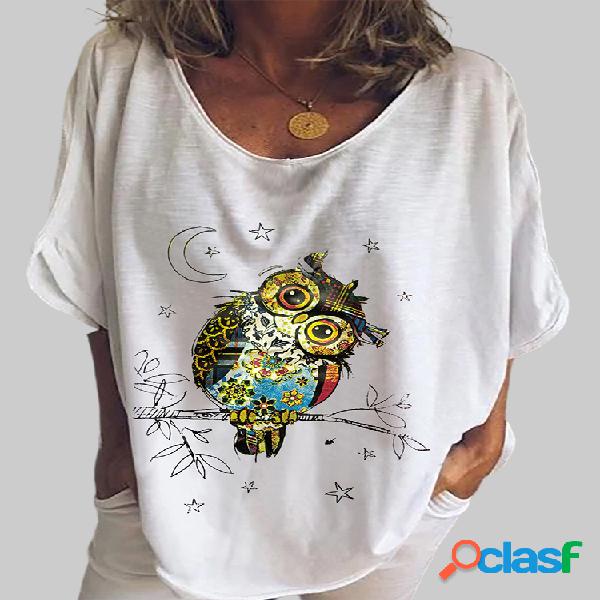 Cartoon Owl Print meia manga com decote em O causal blusa