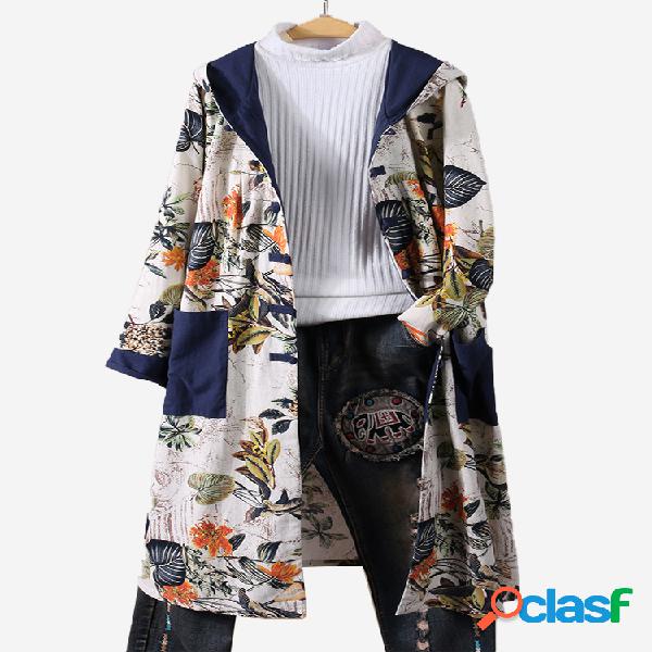 Casaco impermeável de patchwork floral vintage com capuz