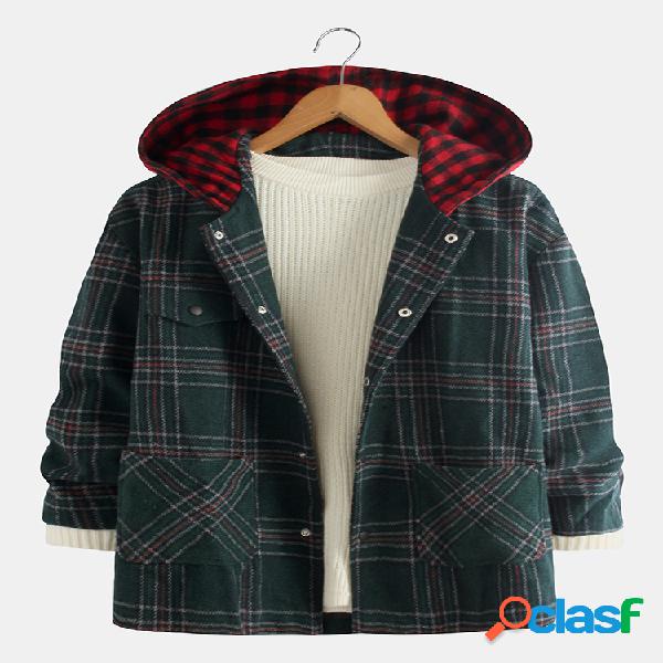 Casaco masculino casual xadrez de manga comprida de lã com