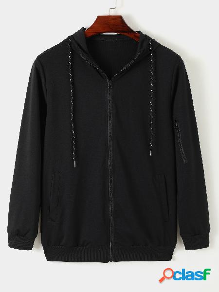 Casaco masculino preto com zíper manga comprida com cordão
