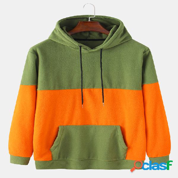 Casacos de lã masculinos com contraste em patchwork canguru