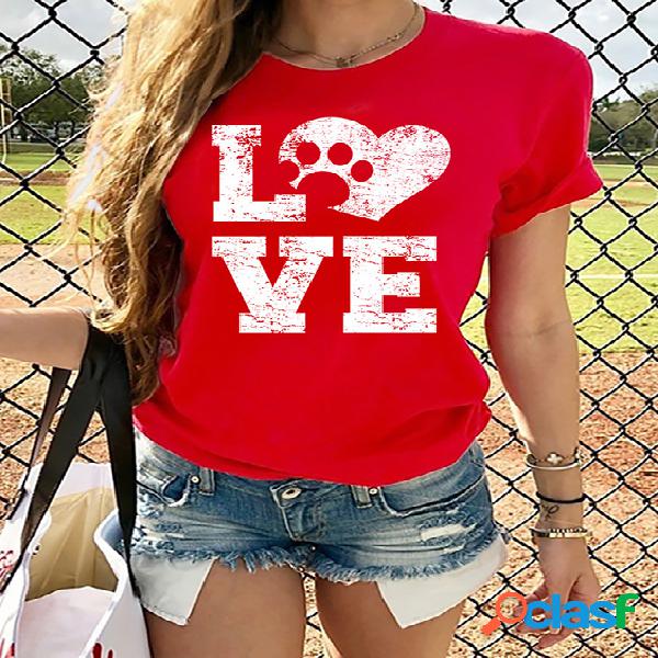 Casual Letter & Paw Print Crew Neck mangas curtas Tee
