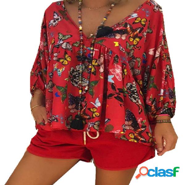 Caveira Butterfulies Print Blusa com decote em V Plus