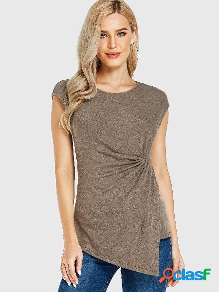 Coffee Round Neck Twist Design Cap Sleeves Tee