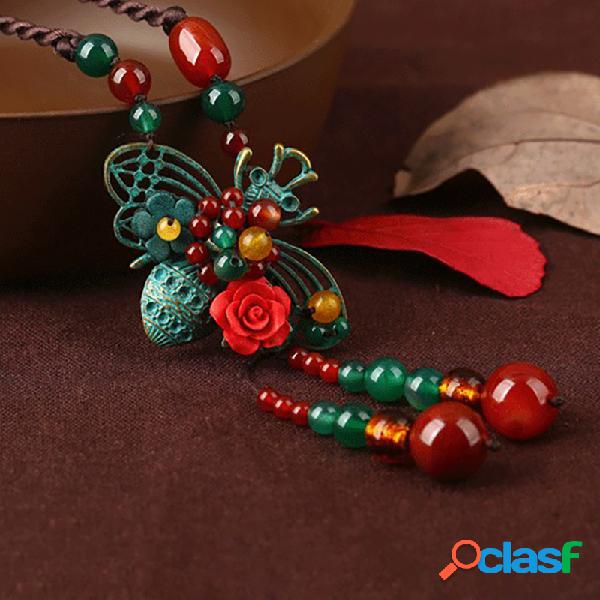 Colar de corrente vintage Bee ágata suéter colar longo