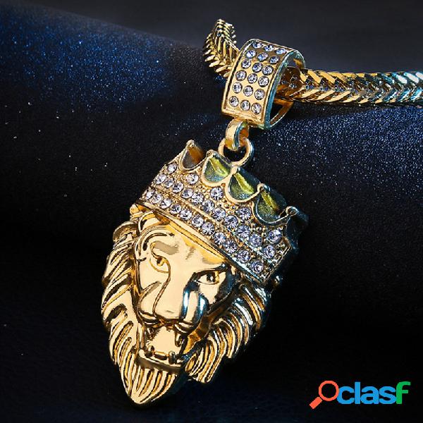Colar de ouro hip hop com cabeça de leão e strass metal
