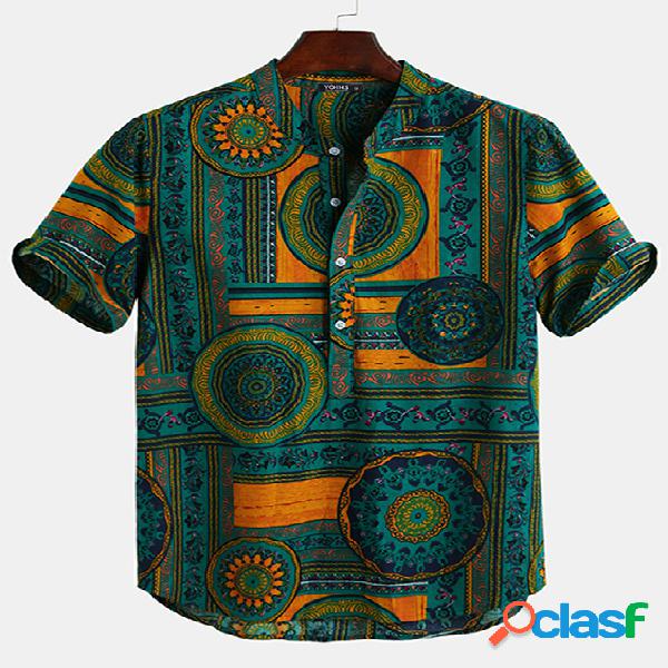 Colarinho de estampa tribal masculina casual solto Camisa