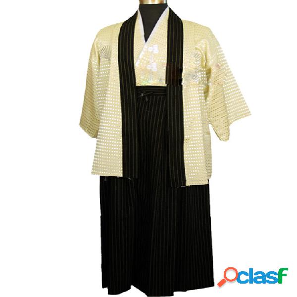 Conjunto de três peças quimono japonês listrado masculino