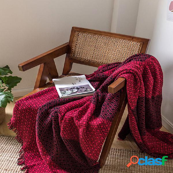 Contraste Cor Grid Tassel Knitted Throw Blanket Autumn