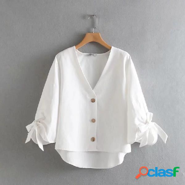 Cor sólida arco nó v-neck camisa de manga comprida casual
