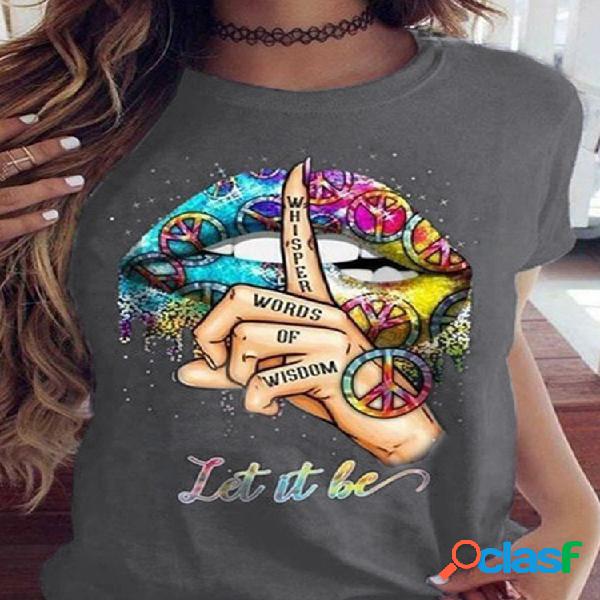 Creative Lip Letter Print Manga Curta O-neck Casual Plus