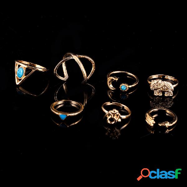 Dedo Boêmio Anéis Set 7 PCS Lua Geométrica Elefante