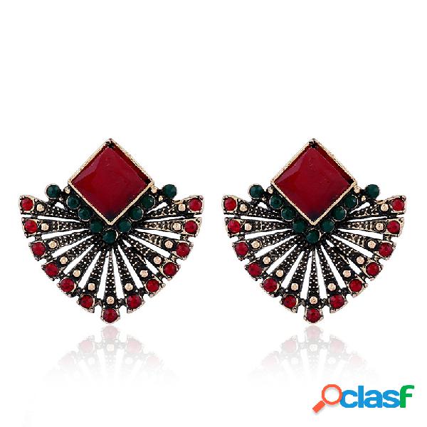 Ethinic Red Resin Steampunk Sector Shape Stud Earrings for