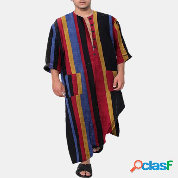 Ethnic Colorful Botão listrado Comprimento Camisas Design