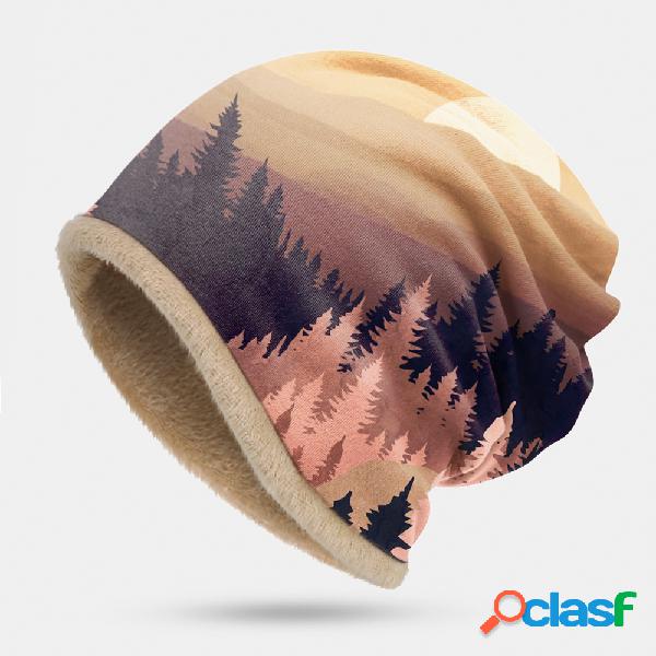 Feminino Mountain Treetop Print Padrão Soft Gorro de