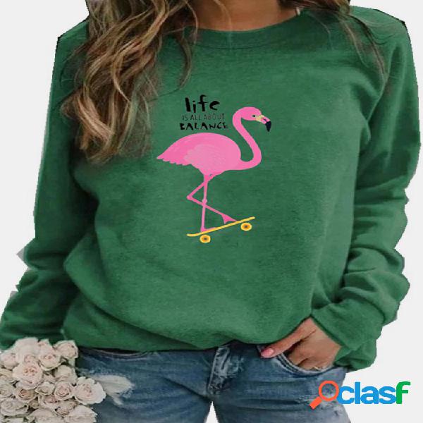 Flamingo Letters Impresso Blusa Manga Longa Com Gola O