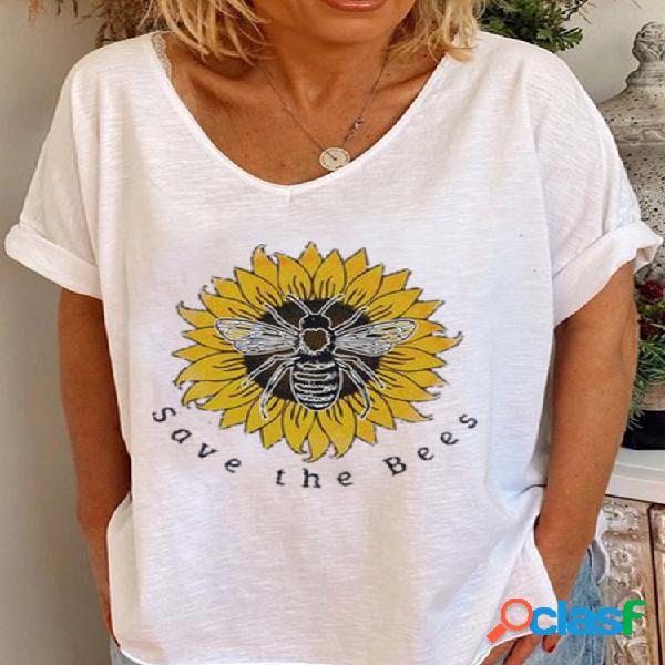 Flor Bee Camiseta de manga curta solta estampada para