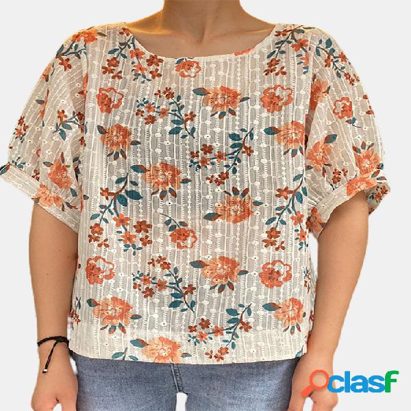 Floral Print Bordado manga curta Vintage Blusa Para Mulheres