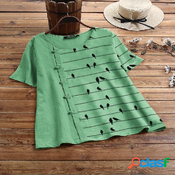 Frog Button Birds Print Patchwork Camiseta de manga curta