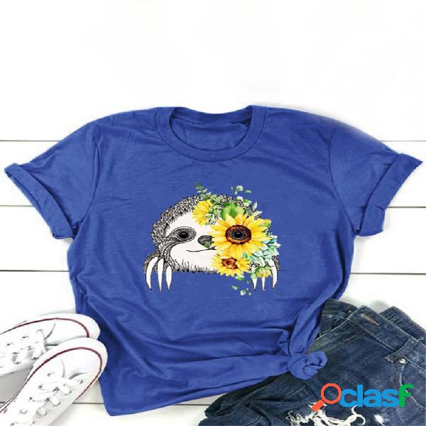 Gato Floral Impresso O-Neck Manga curta Casual T-shirt