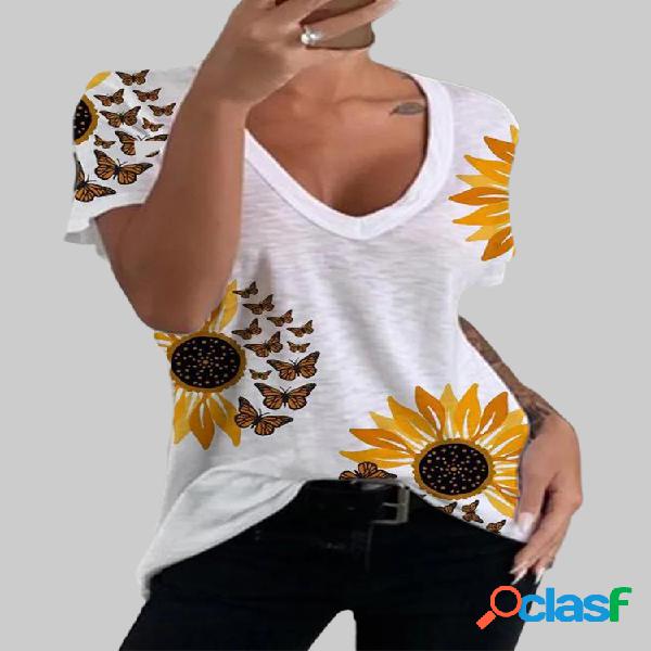 Girassol Borboletas com estampa de camiseta de manga curta