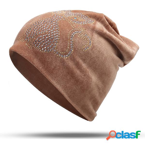 Gorro quente feminino com diamante duplo de veludo e orelhas